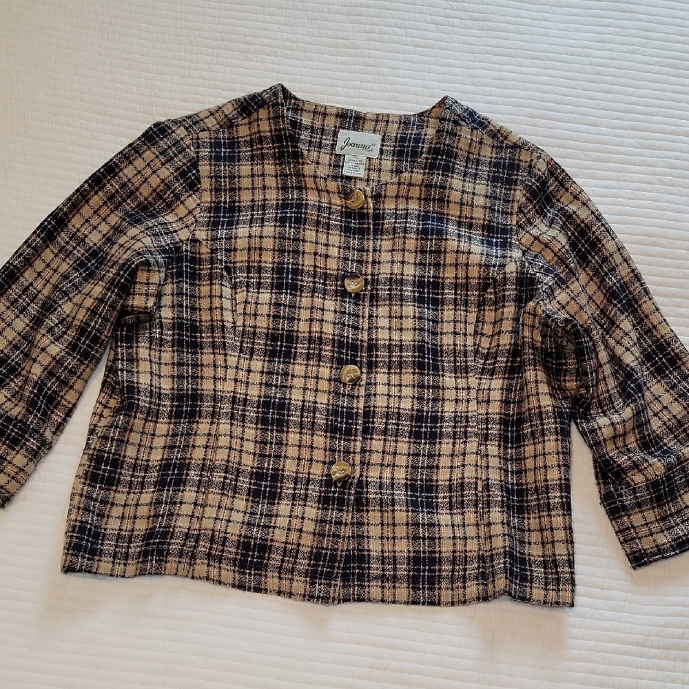 Joanna Blazer Shacket Woman's XL Vintage Cropped Plaid‎ Collarless Neckline